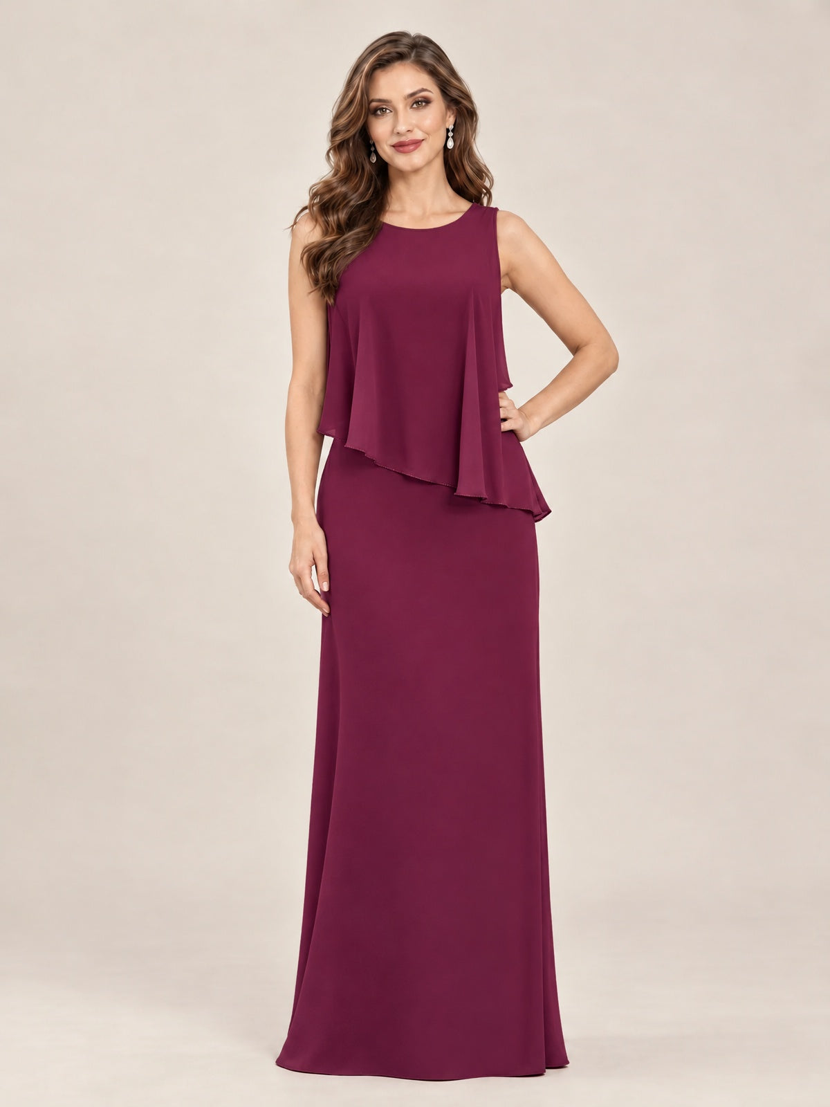 Cape Sleeve Mother of the Bride Dress with Asymmetrical Overlay