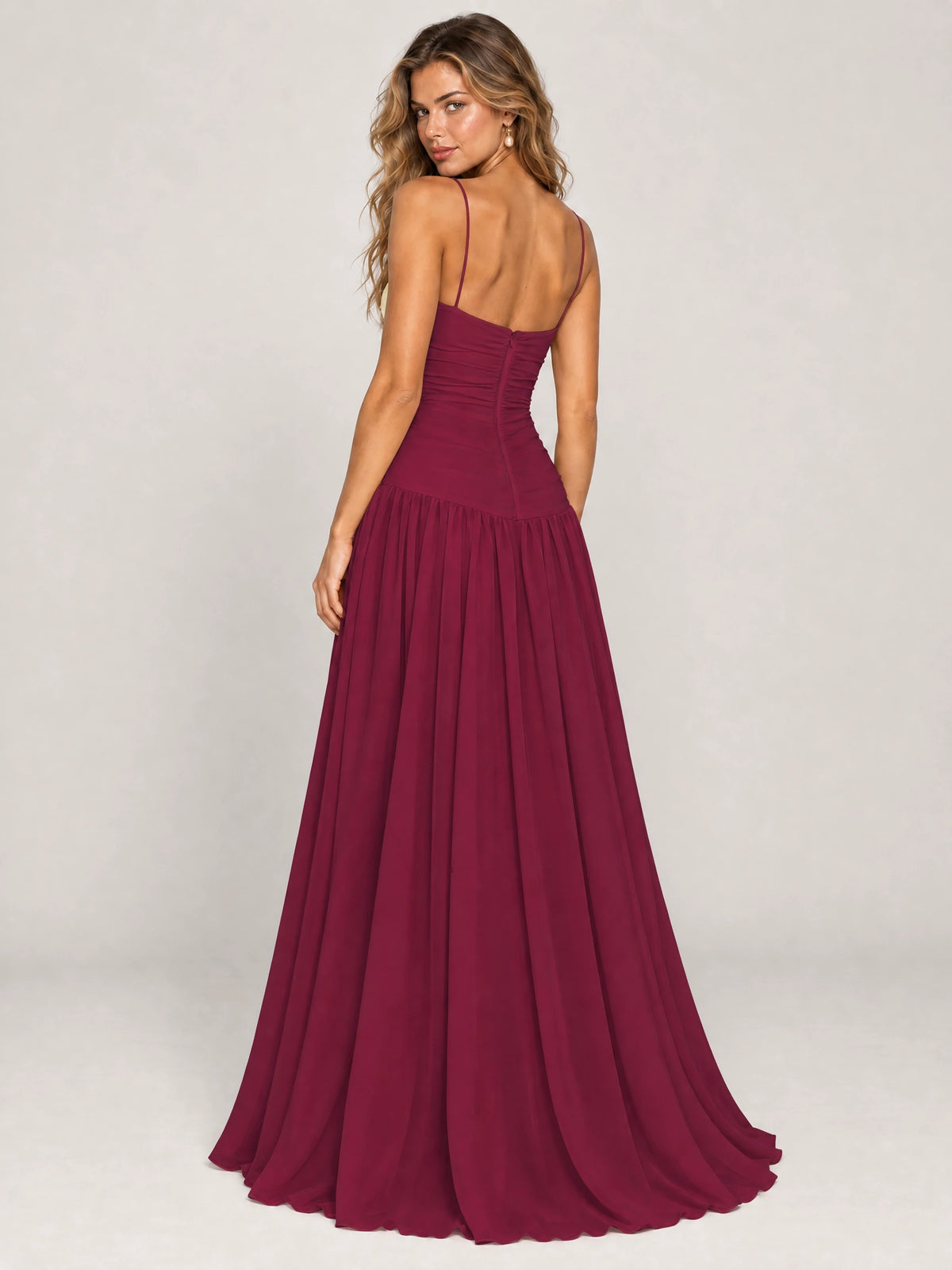 Butter Yellow Ruched Spaghetti Strap Drop-Waist Prom Dress