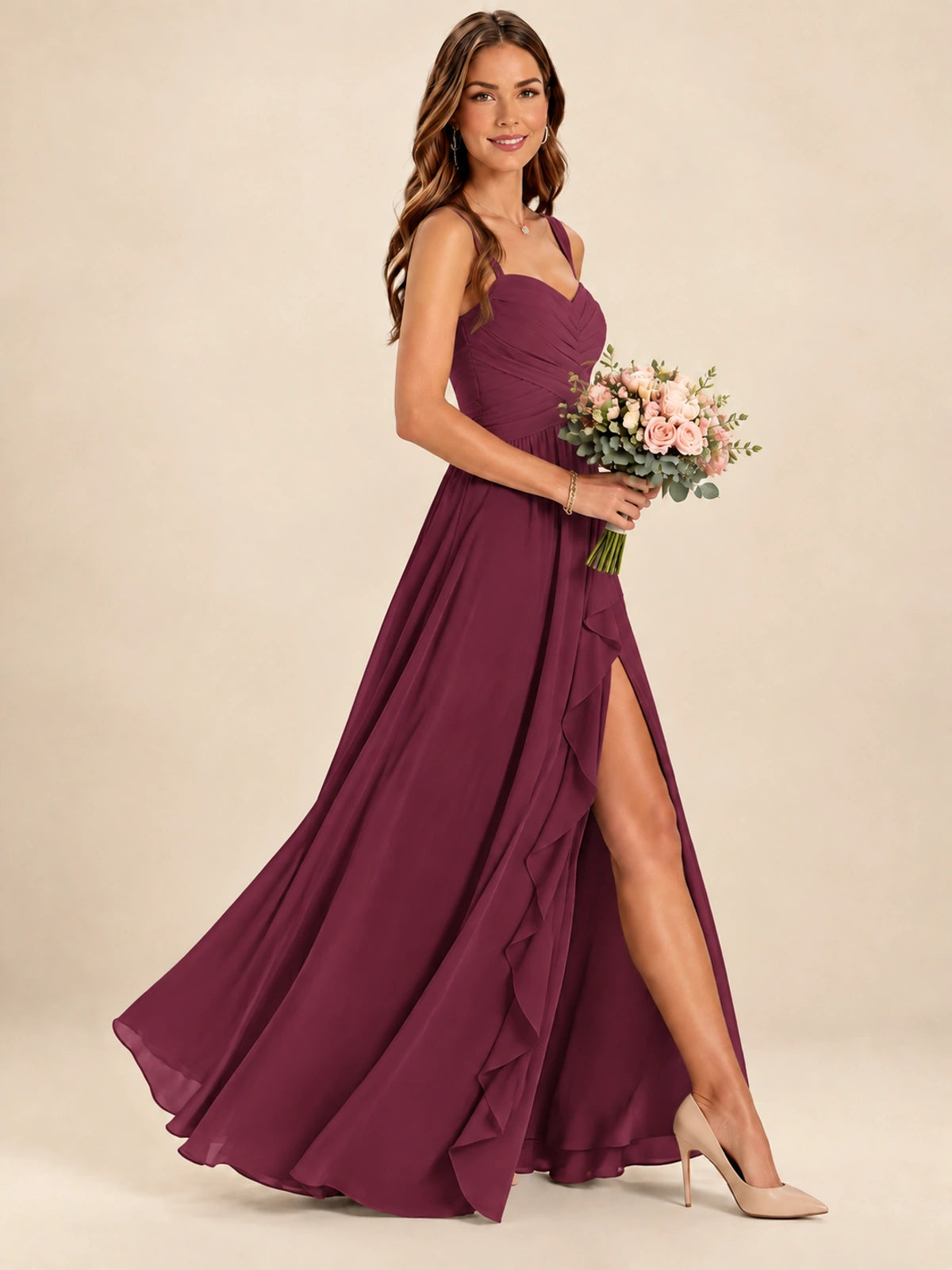 Spaghetti Straps Pleated Chiffon Bridesmaid Dress with Ruffle Slit