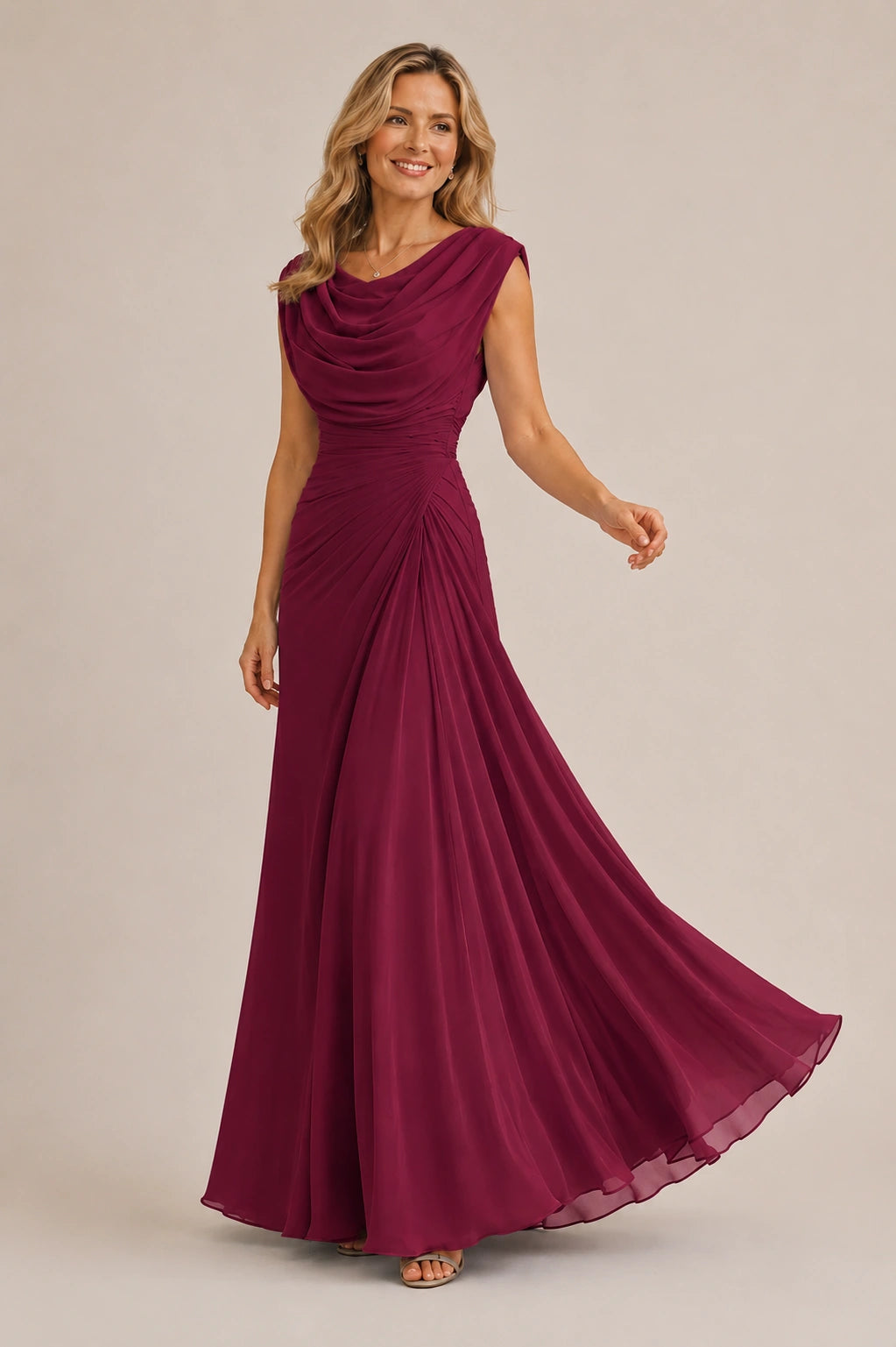 Cowl Neck Ruched Chiffon Mother of the Bride Dress