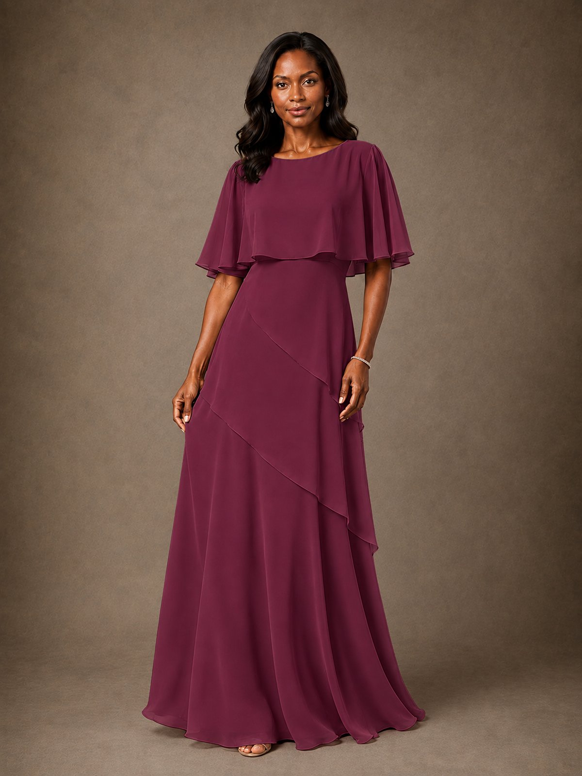 Taupe Chiffon A-Line Mother of the Bride Dress with Cape Sleeves