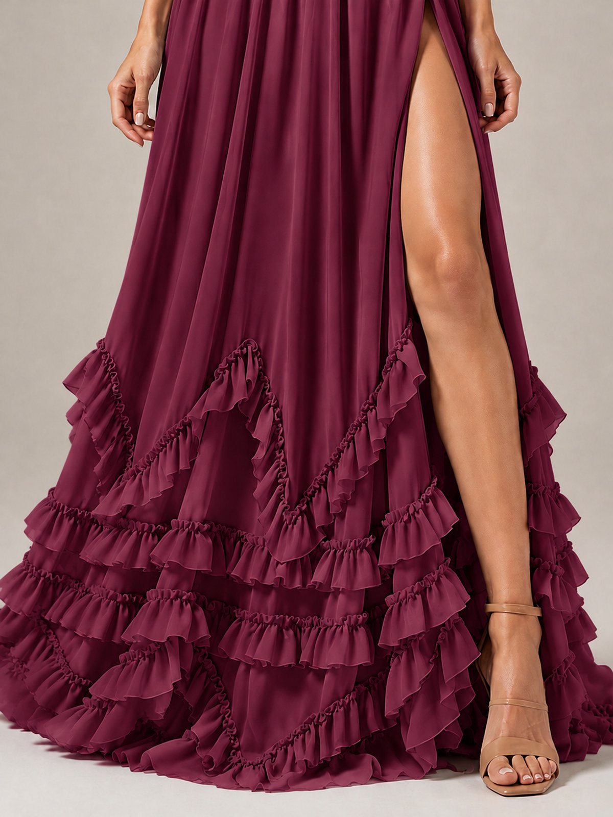 Halter V Neck Chiffon Formal Dress with Lace-Up Back and Ruffle Hem