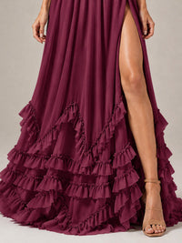 Halter V Neck Chiffon Formal Dress with Lace-Up Back and Ruffle Hem