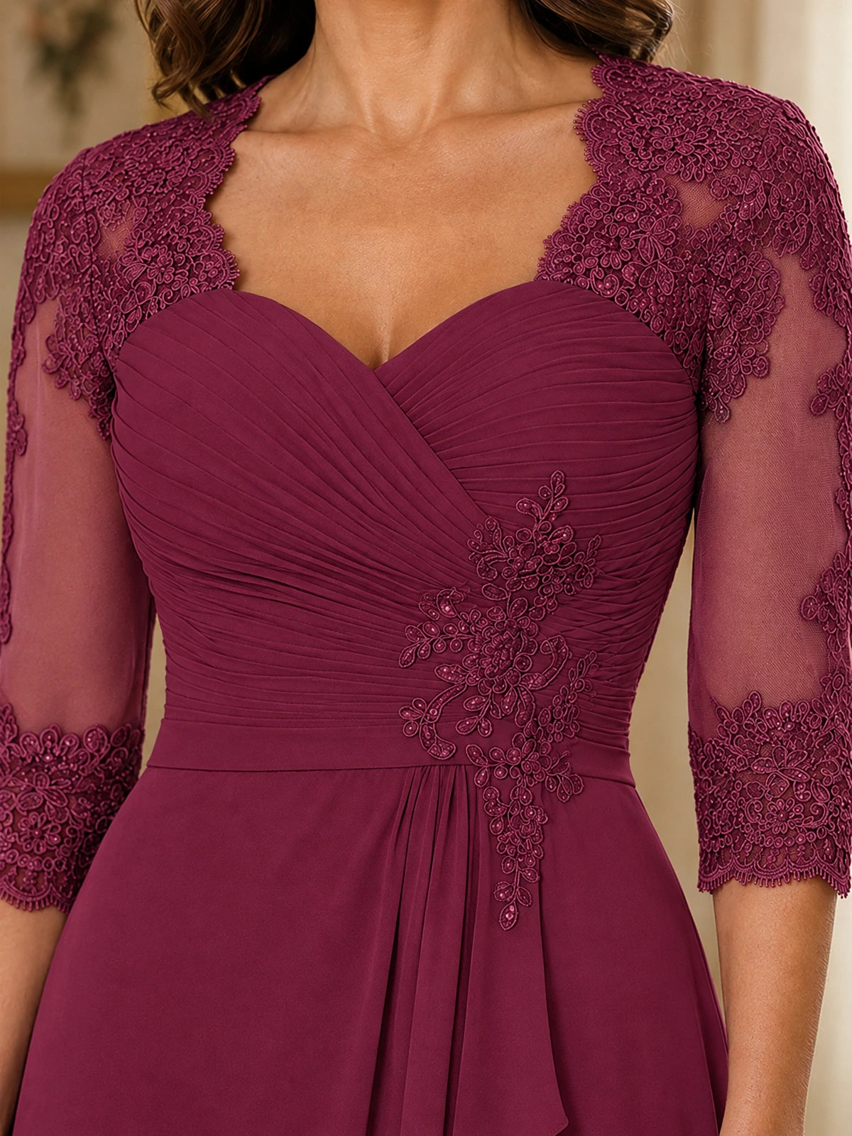 Chiffon Lace Applique Mother of the Bride Dress with 3/4 Sleeves