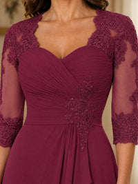 Chiffon Lace Applique Mother of the Bride Dress with 3/4 Sleeves