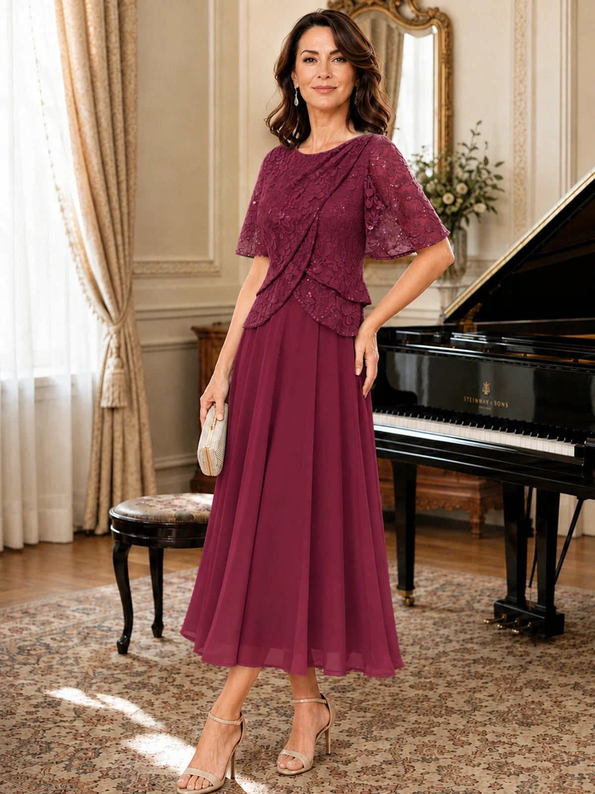 Tea-Length Chiffon Mother of the Bride Dress with Sequin Lace Sleeves