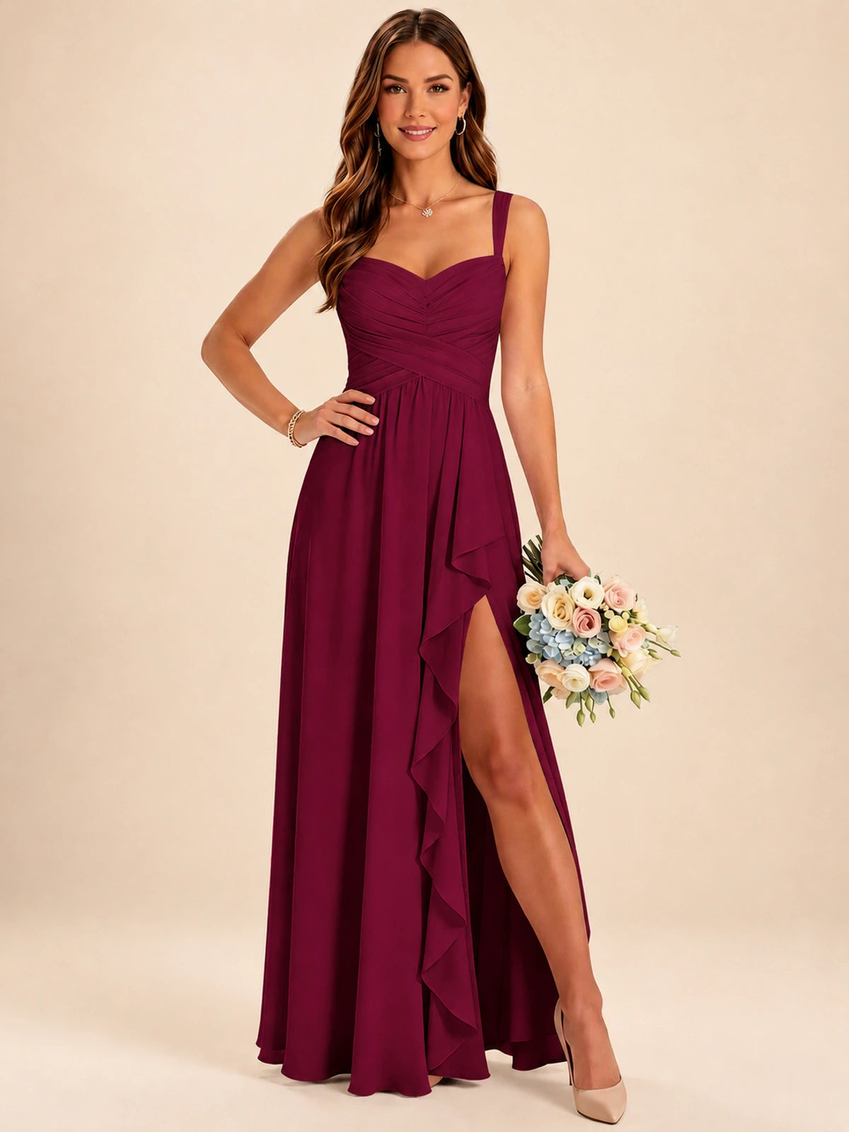Spaghetti Straps Pleated Chiffon Bridesmaid Dress with Ruffle Slit