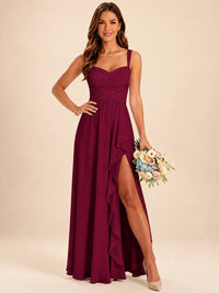 Spaghetti Straps Pleated Chiffon Bridesmaid Dress with Ruffle Slit