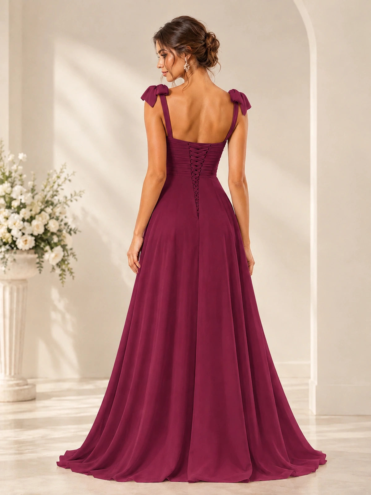 Ruffle Slit Chiffon A Line Scoop Neck Bridesmaid Dresses with Pockets