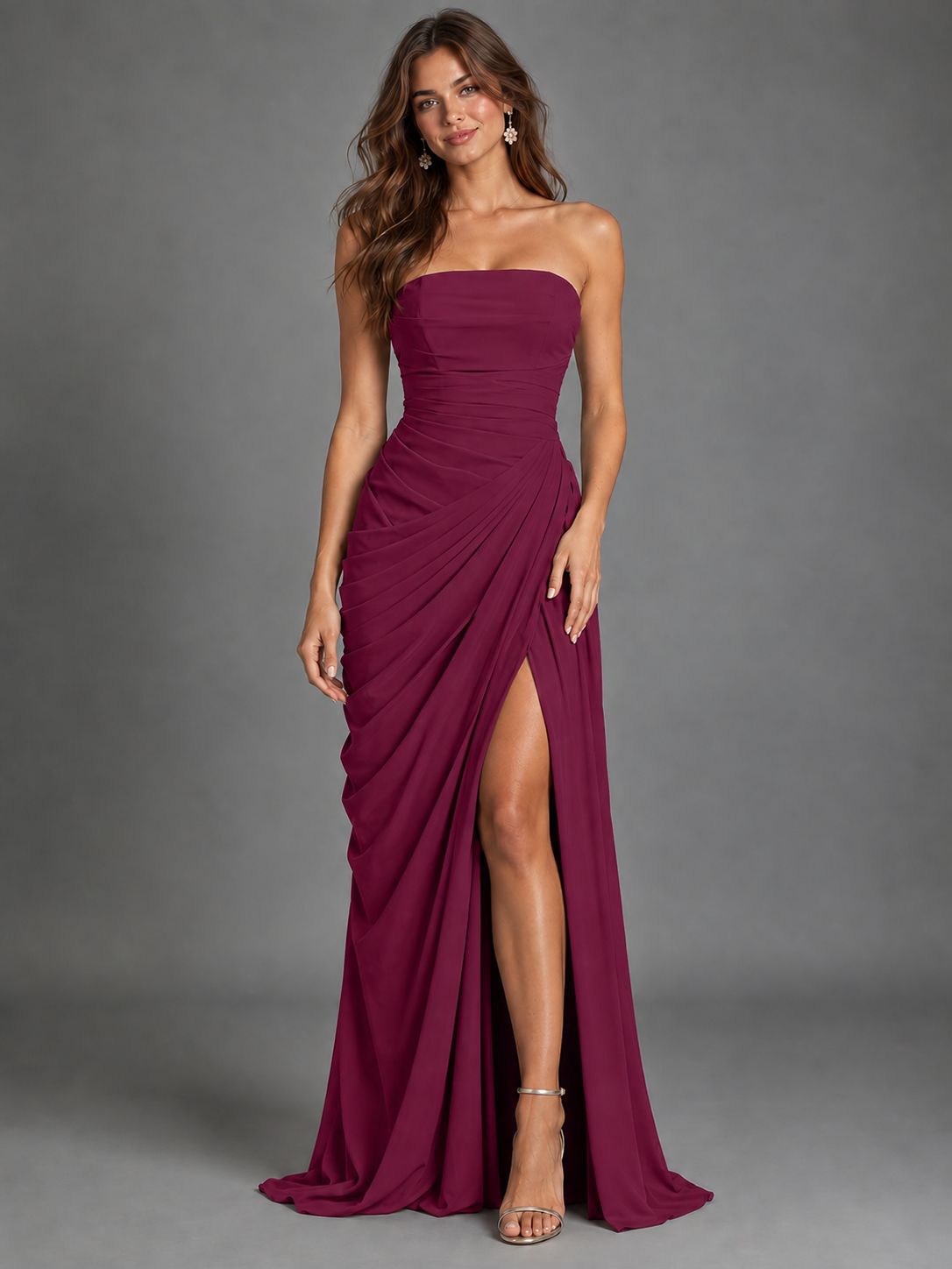 Strapless Bodycon Pleated Chiffon Formal Dress with Slit