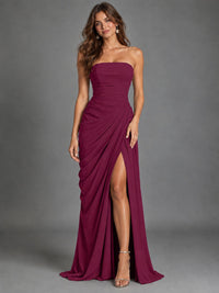 Strapless Bodycon Pleated Chiffon Formal Dress with Slit