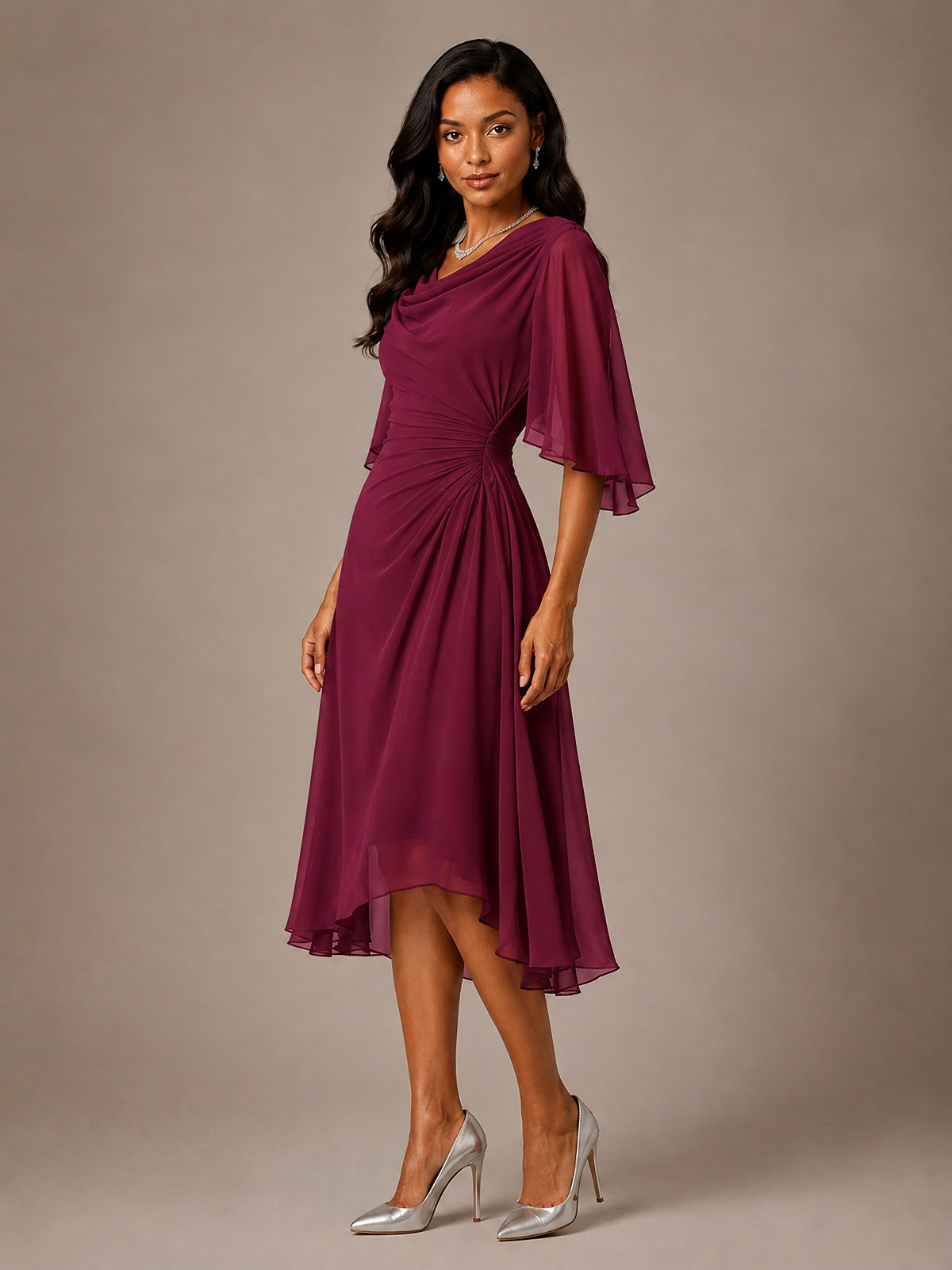 Cowl Neck Ruched Chiffon Mother of the Bride Dresses with Flutter Sleeves