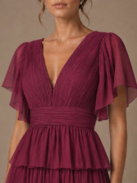 Chiffon V-Neck Tiered Ruffle Bridesmaid Dress with Slit