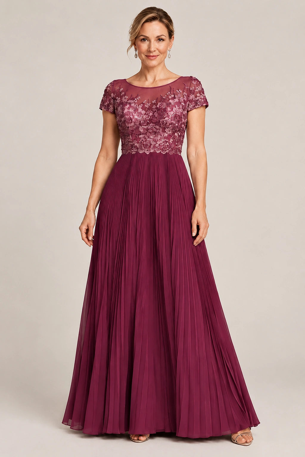 Embroidered Lace Pleated Mother of the Bride Dress