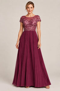 Embroidered Lace Pleated Mother of the Bride Dress
