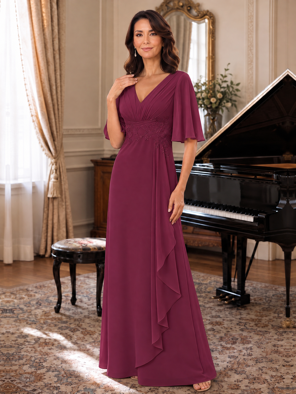 V-Neck Chiffon Lace Mother of the Bride Dresses