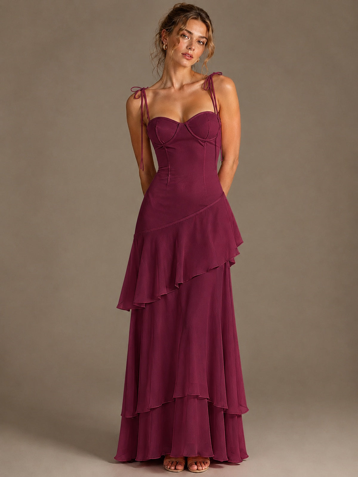 Spaghetti Strap Tiered Ruffles Chiffon Prom Dress