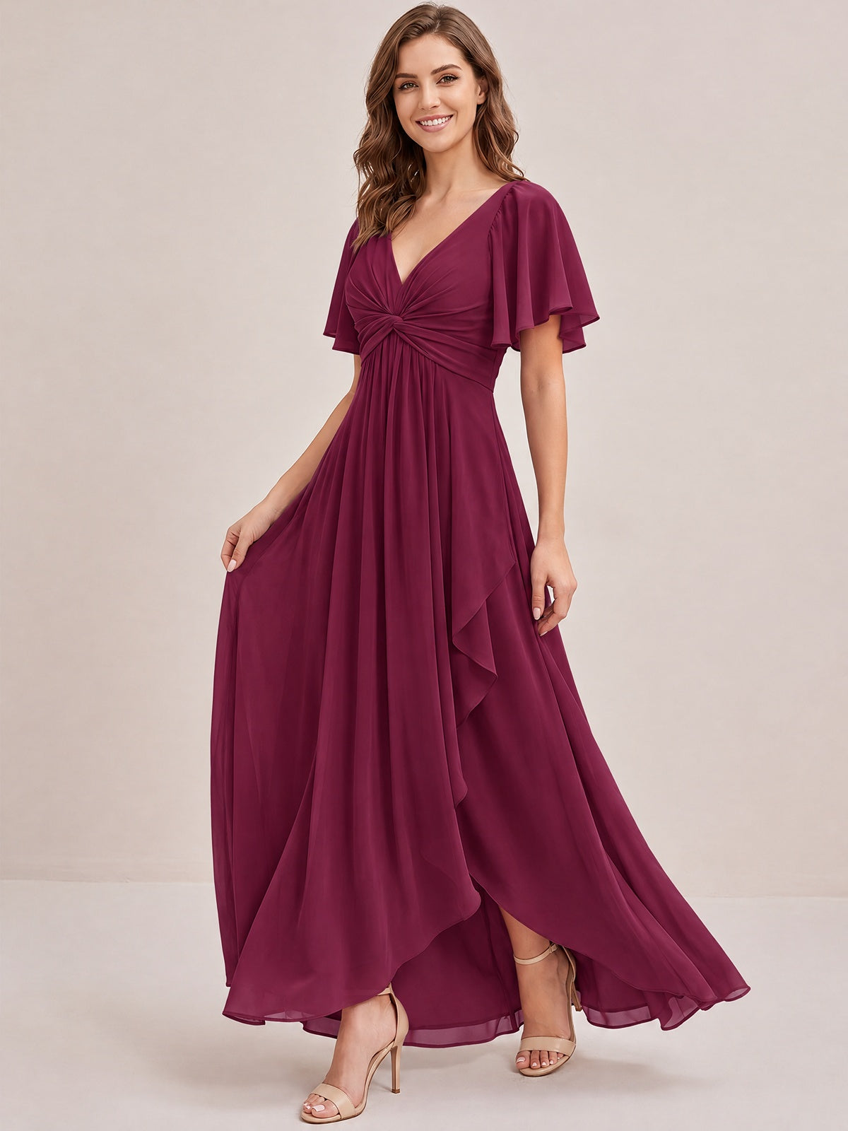 Dusty Blue Chiffon Bridesmaid Dress with Flutter Sleeves & High-Low Hem