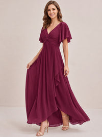 Dusty Blue Chiffon Bridesmaid Dress with Flutter Sleeves & High-Low Hem