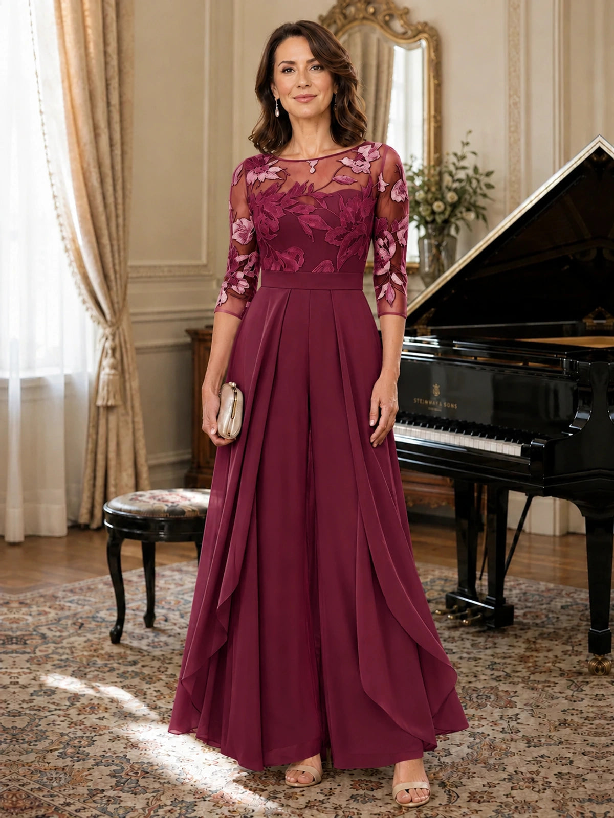 Lace Applique Wide-Leg Chiffon Mother of the Bride Jumpsuit