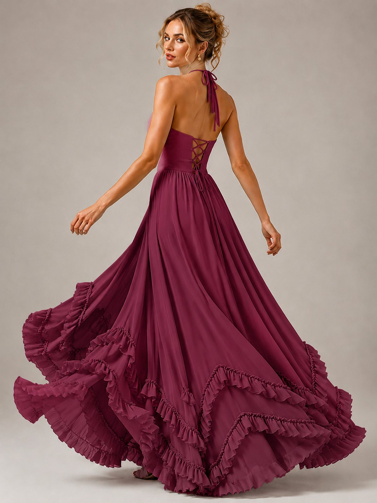 Halter V Neck Chiffon Formal Dress with Lace-Up Back and Ruffle Hem