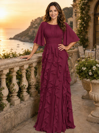 Elegant Chiffon Mother of the Bride Dress with Flutter Sleeves and Ruffle Skirt