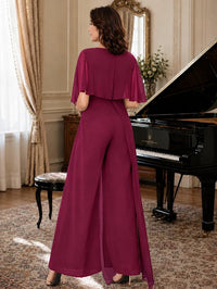 Chiffon Mother of the Bride Jumpsuit with Layered Cape Sleeves