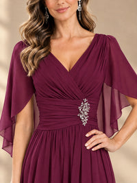 Ruched V Neck Mother of The Bride Dresses with Shawls Appliques and Cap Sleeves