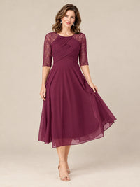Tea-Length Mother of the Bride Dress with Lace 3/4 Sleeves