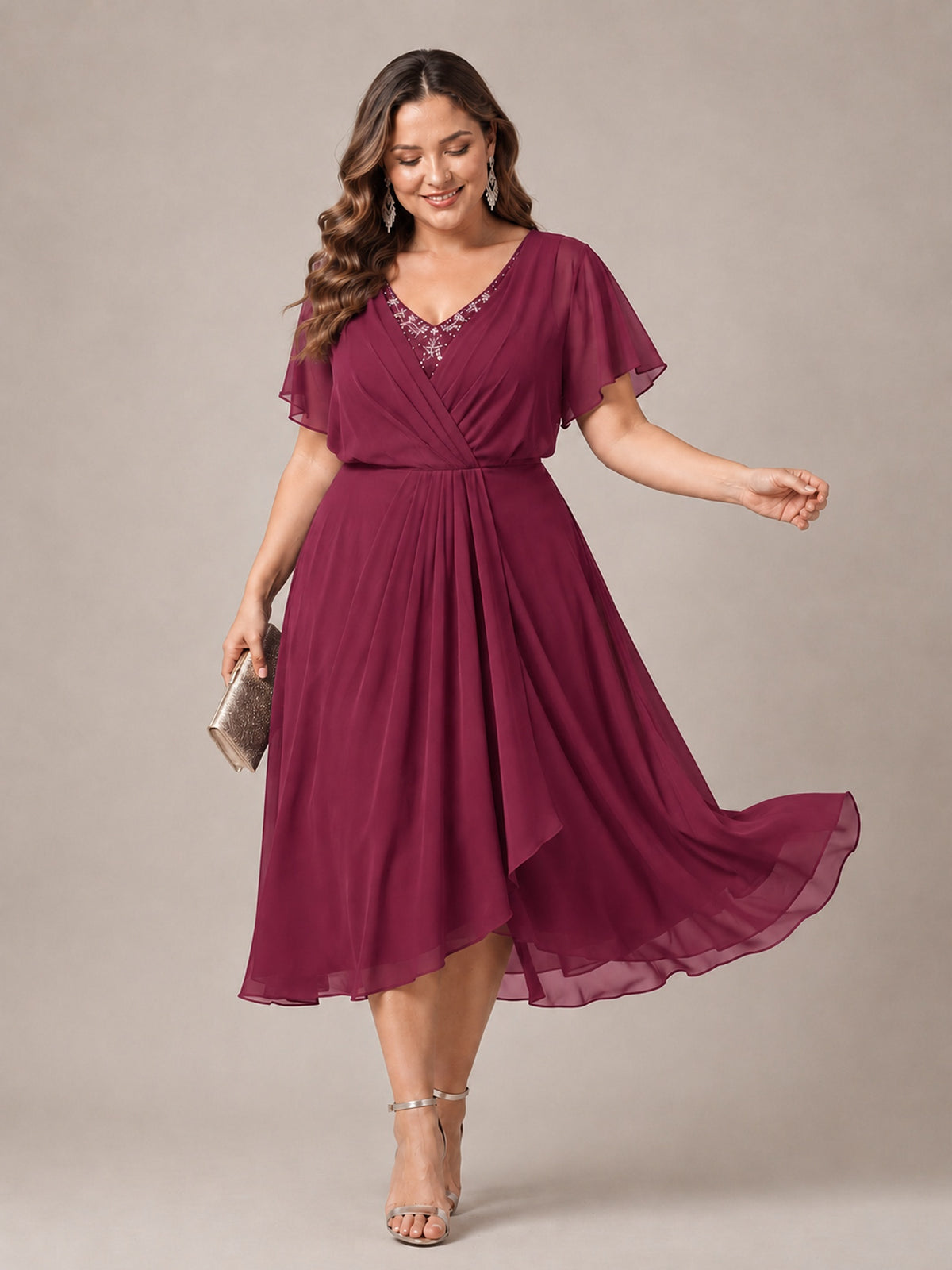 Navy Blue A-Line V-Neck Tea-Length Mother of the Bride Dress