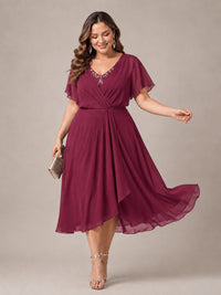 Navy Blue A-Line V-Neck Tea-Length Mother of the Bride Dress