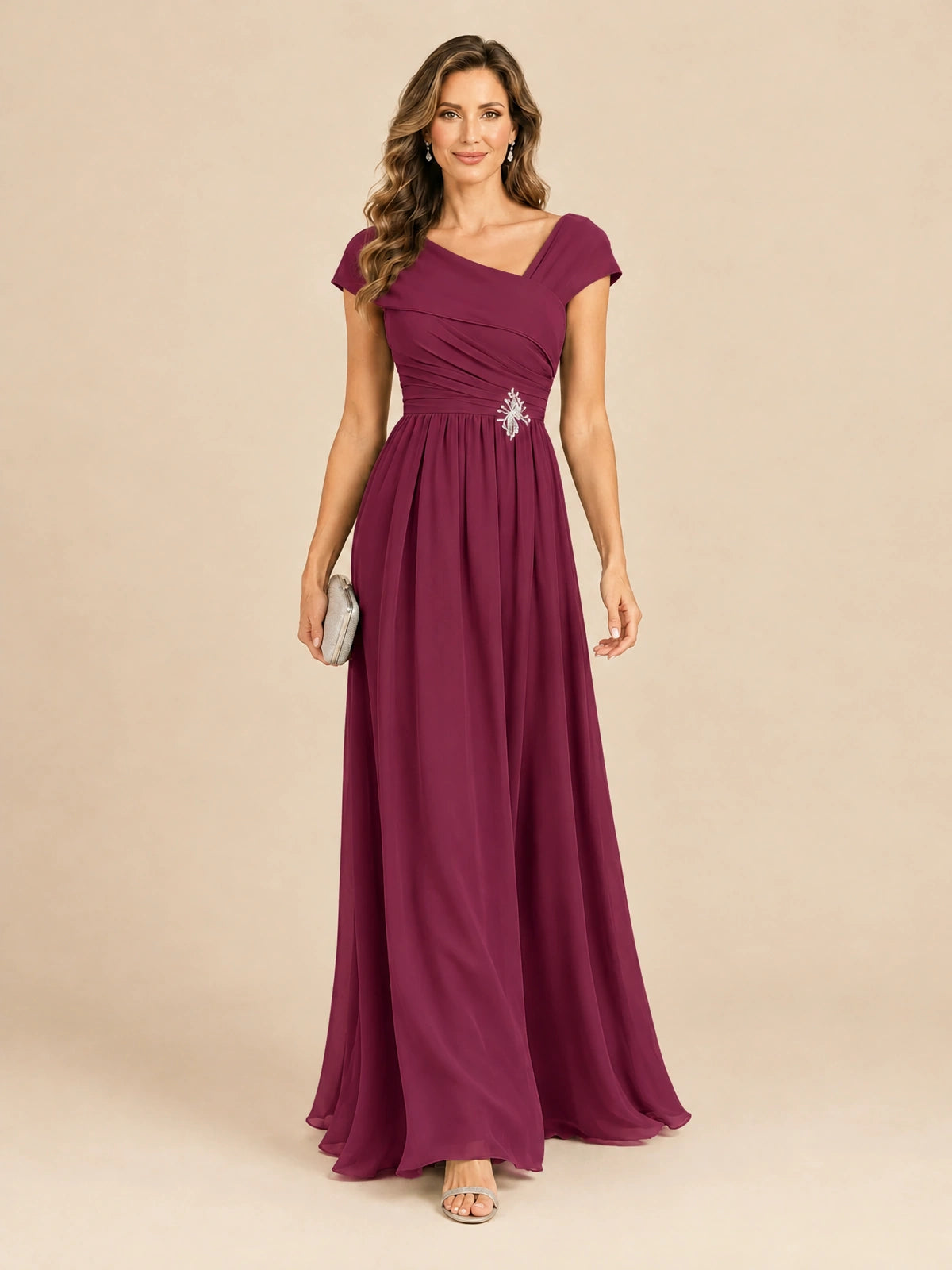 Cap Sleeve Mother of The Bride Dresses Long Chiffon Formal Gowns