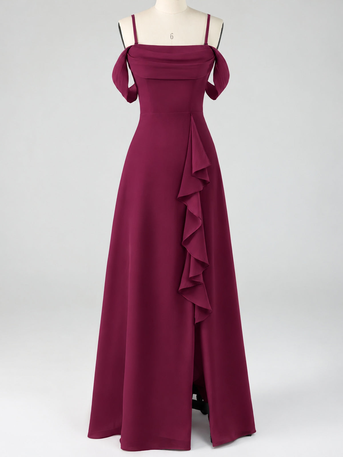 Spaghetti Strap Chiffon Bridesmaid Dress with Ruffles Slit