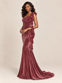 Black Velvet One-Shoulder Mermaid Evening Gown with Bow & Ruffles