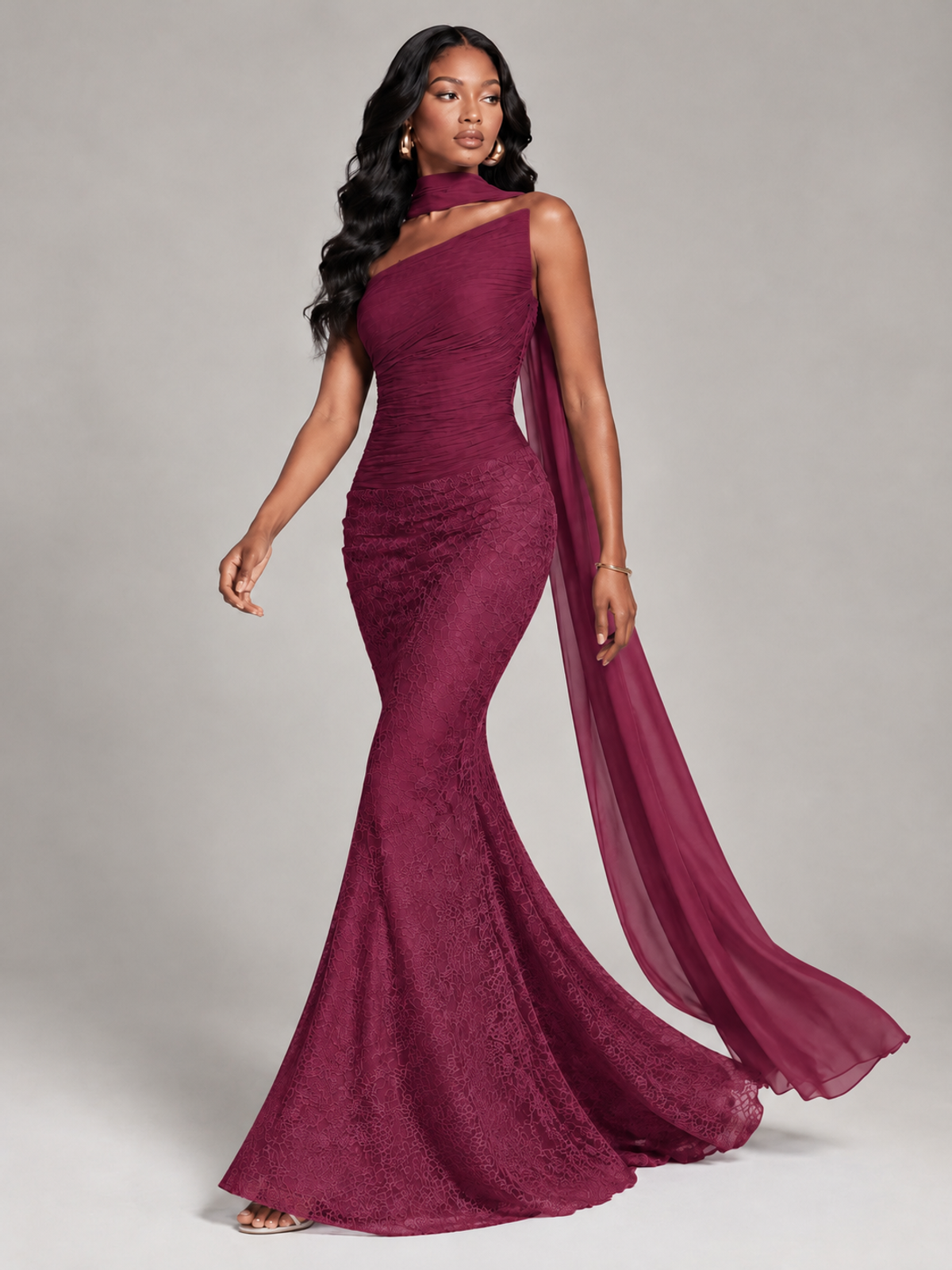 Pleated Chiffon Lace Prom Dresses Long Bodycon Mermaid with Scarf
