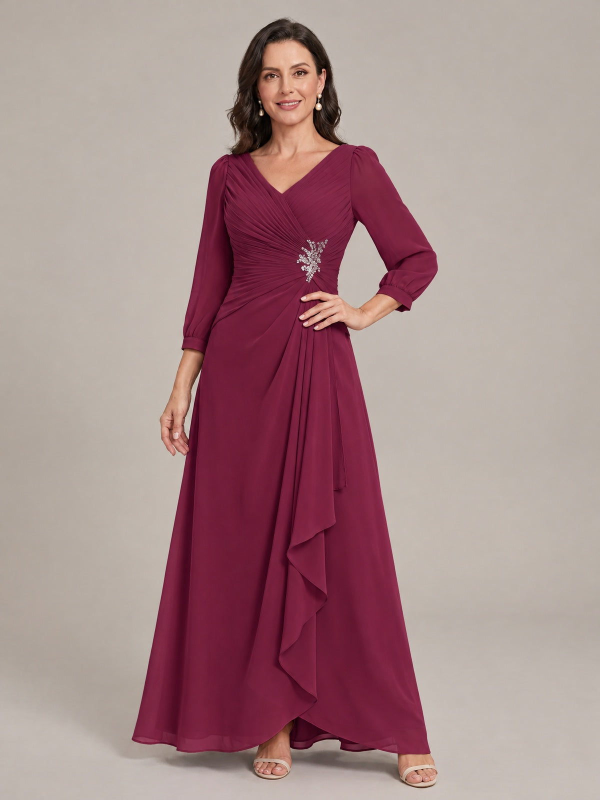 V-Neck Pleated Chiffon Mother of the Bride Dress with Flutter Sleeves