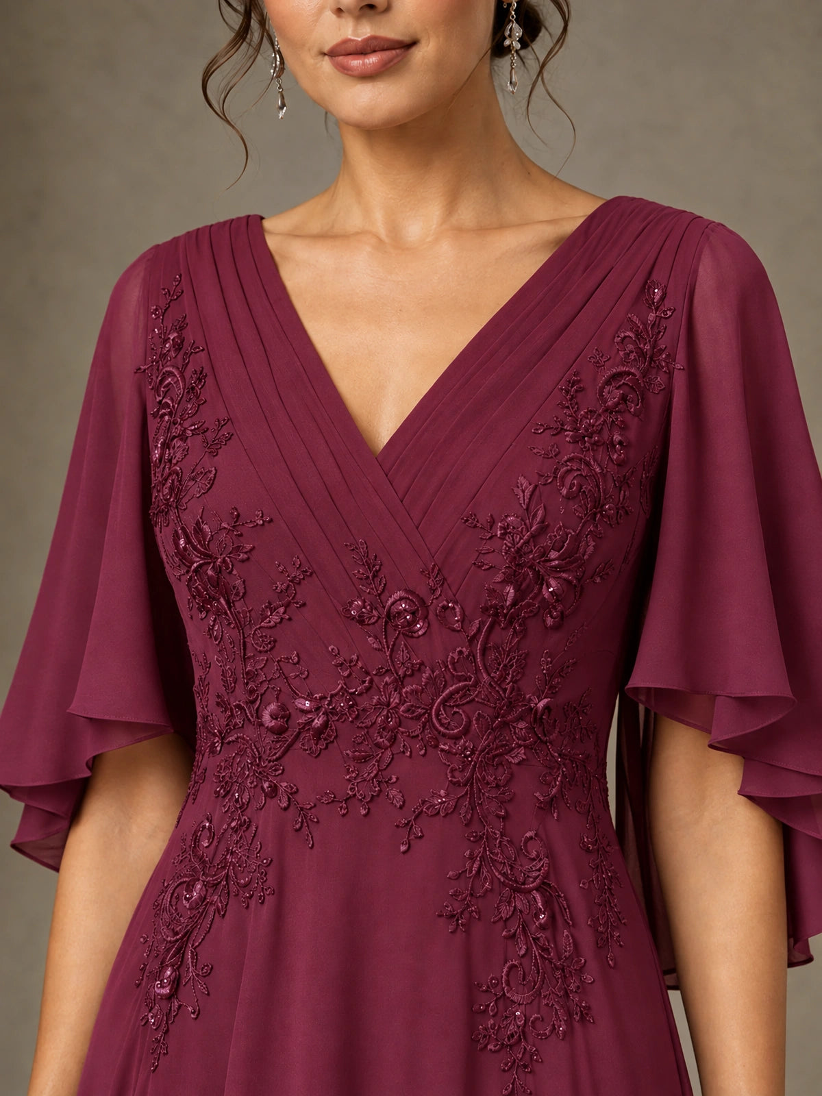 V-Neck Chiffon Lace Mother of the Bride Dress with Flutter Sleeves