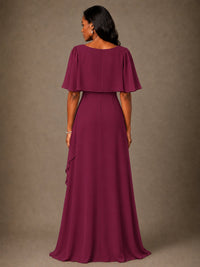 Taupe Chiffon A-Line Mother of the Bride Dress with Cape Sleeves