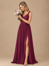 Pleated Chiffon V Neck Wedding Bridesmaid Dresses Floor Length with Slit