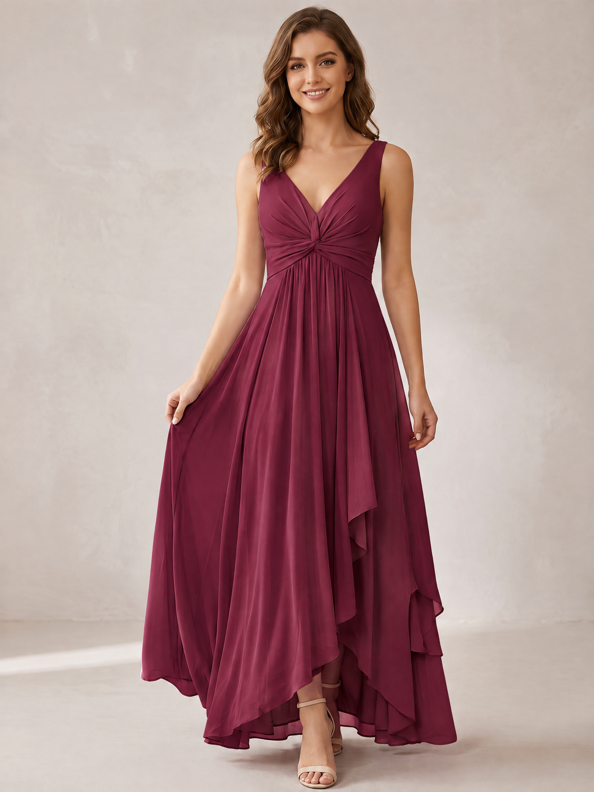 V-Neck High-Low Chiffon Bridesmaid Dress with Ruffles