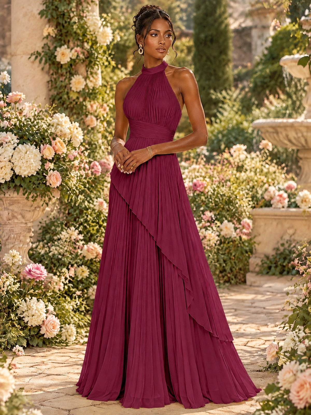 Wrap Pleated Prom Dress Halter A-line Chiffon Formal Wedding Dress
