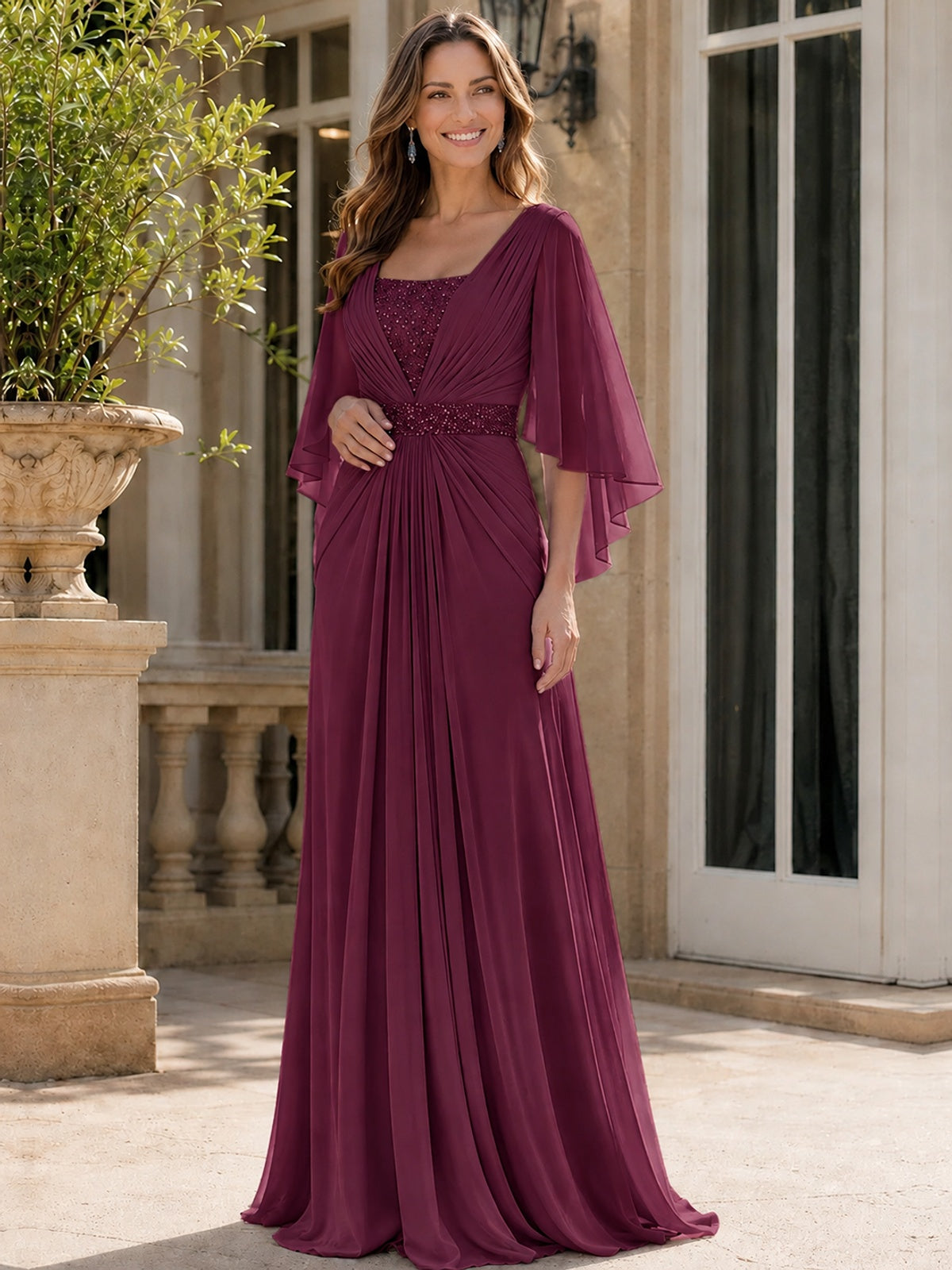 Elegant V-Neck Sequined Chiffon Mother of the Bride Dress with Flutter Sleeves