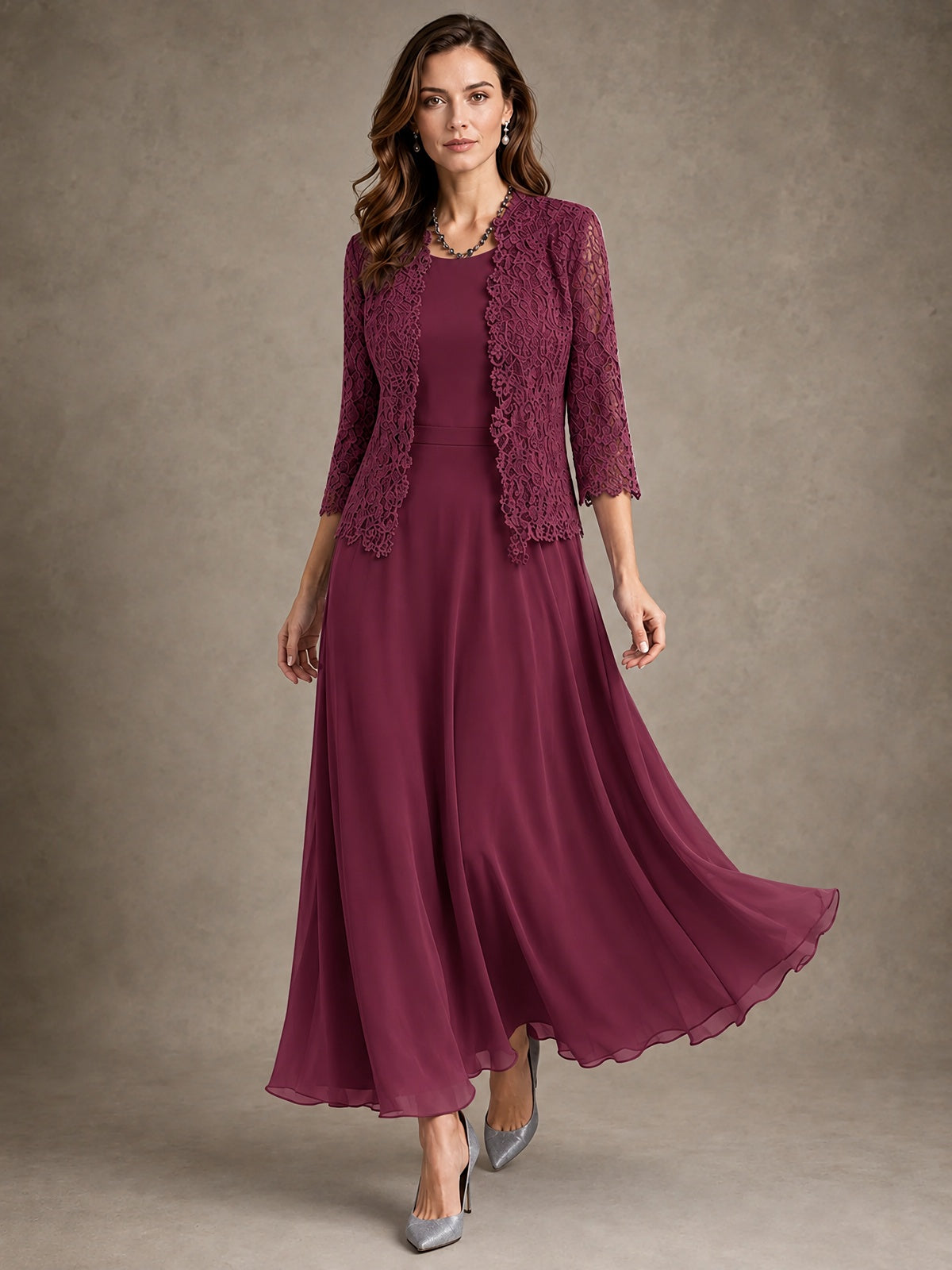 2-Piece Chiffon Mother of the Bride Dress with Lace Jacket