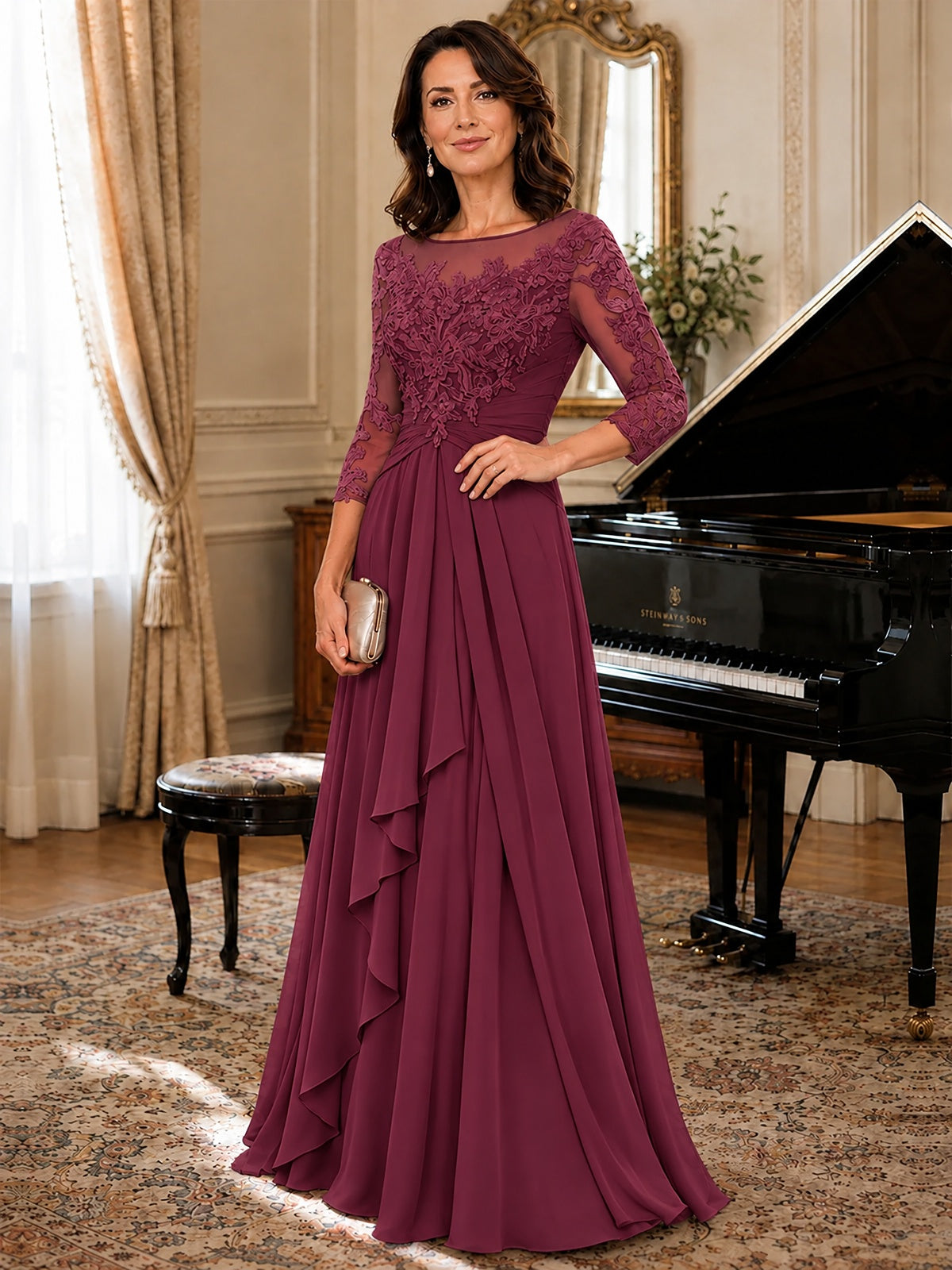 A-Line Chiffon Mother of the Bride Dress with Floral Applique 3/4 Sleeves