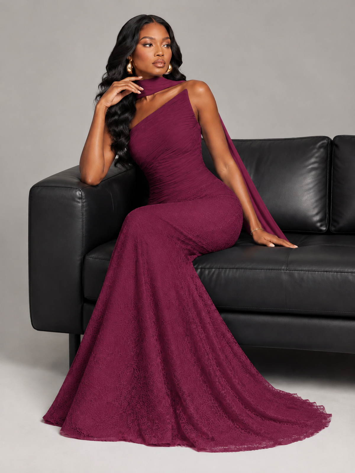 Pleated Chiffon Lace Prom Dresses Long Bodycon Mermaid with Scarf