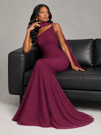 Pleated Chiffon Lace Prom Dresses Long Bodycon Mermaid with Scarf