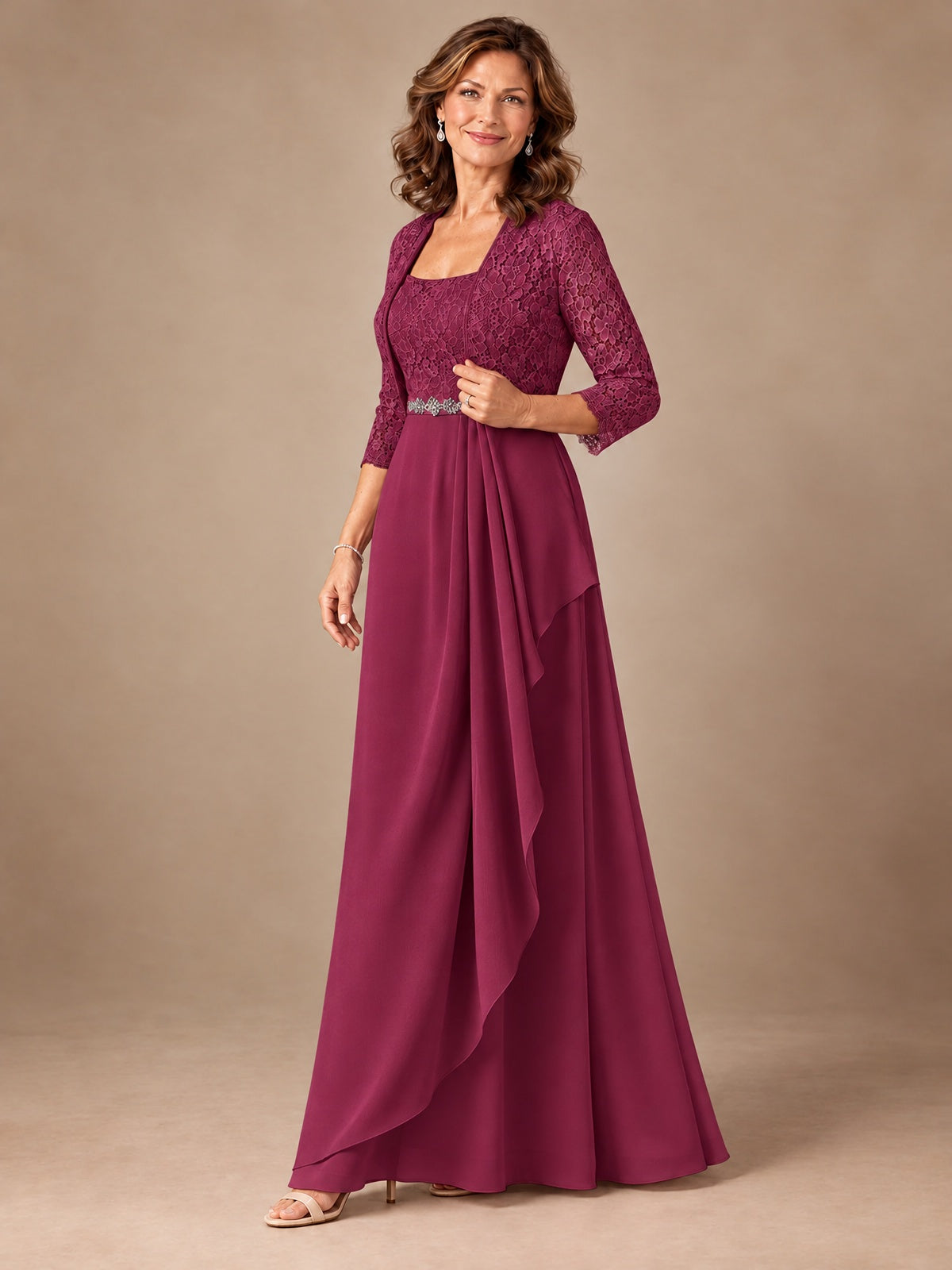 Blush Pink A-Line Mother of the Bride Dress with Lace Jacket and Ruffles