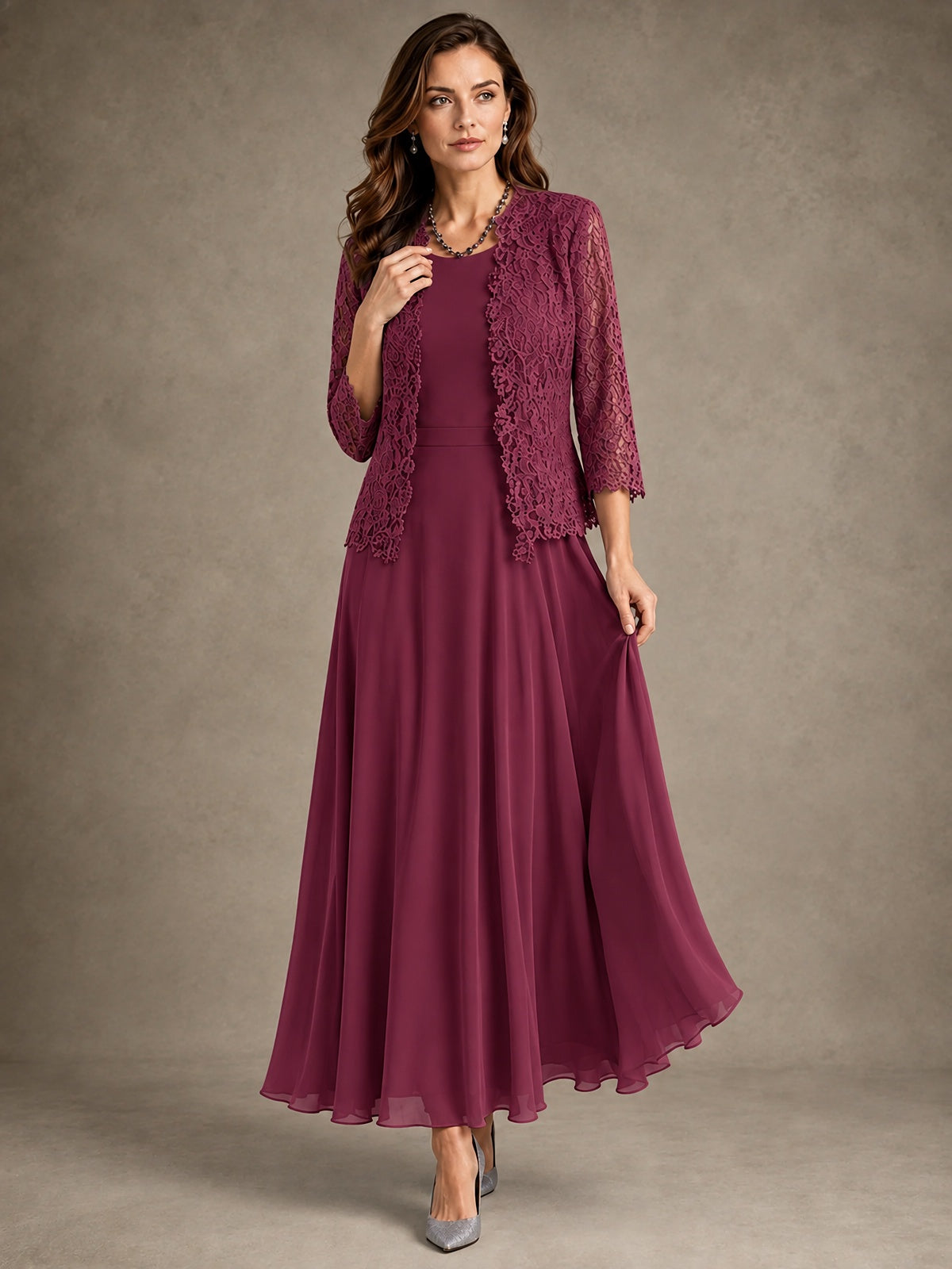 2-Piece Chiffon Mother of the Bride Dress with Lace Jacket