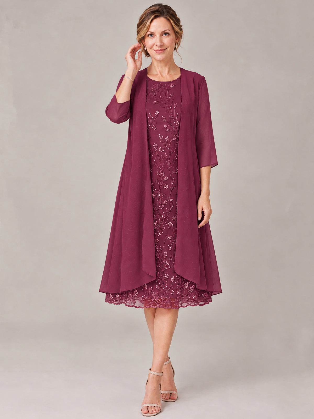 Tea Length Sequin Lace Mother of The Bride Dress with Chiffon Jacket