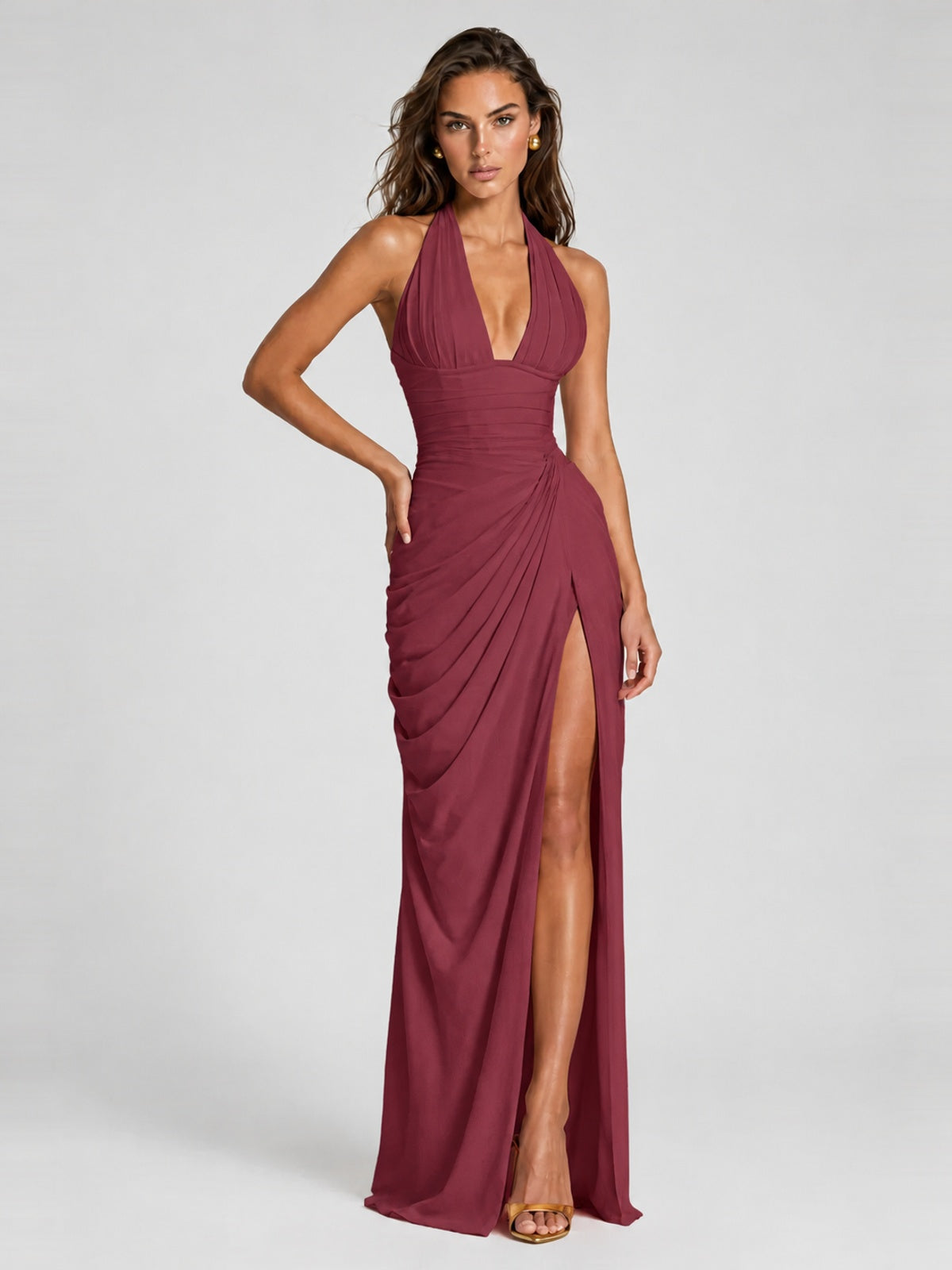 Ruched Halter Neck High-Slit Prom & Evening Dress